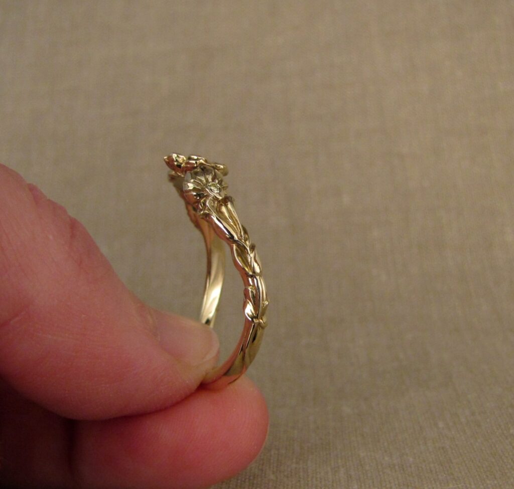 Custom carved dogwood, coneflowers curved band in 14K with yellow diamonds, Cheyenne Weil