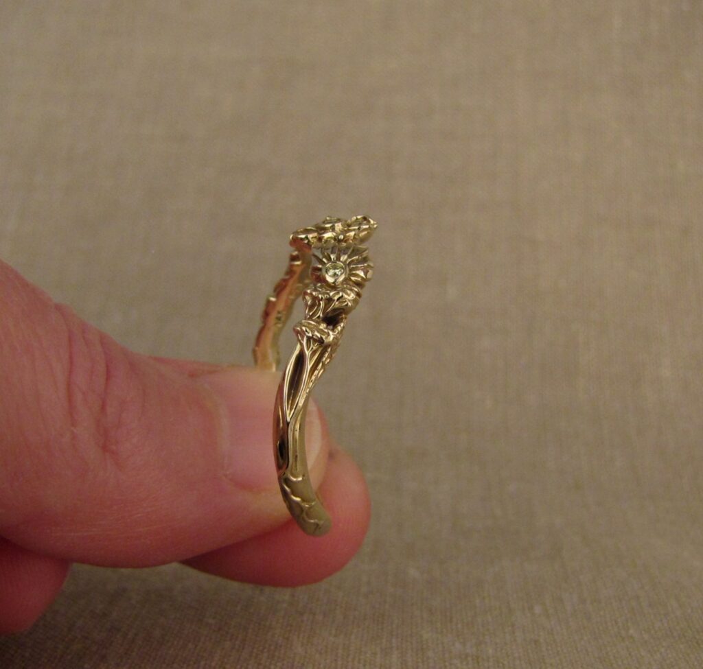 Custom carved dogwood, coneflowers curved band in 14K with yellow diamonds, Cheyenne Weil