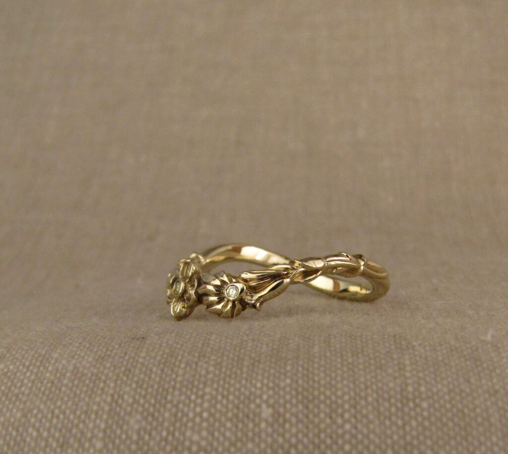 Custom carved dogwood, coneflowers curved band in 14K with yellow diamonds, Cheyenne Weil