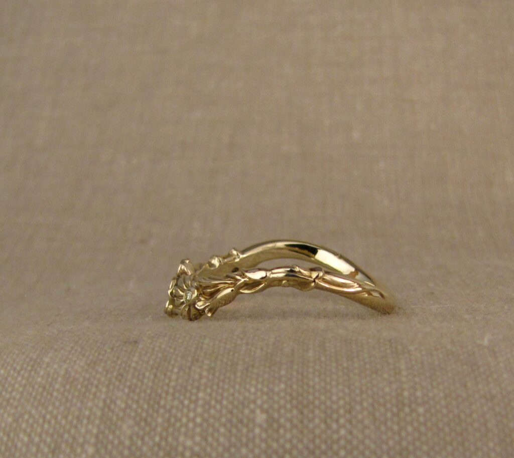 Custom carved dogwood, coneflowers curved band in 14K with yellow diamonds, Cheyenne Weil