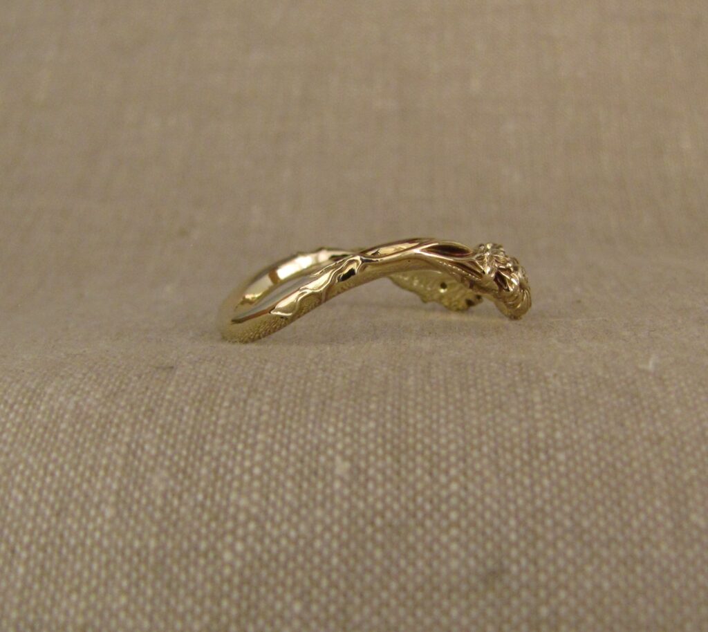 Custom carved dogwood, coneflowers curved band in 14K with yellow diamonds, Cheyenne Weil