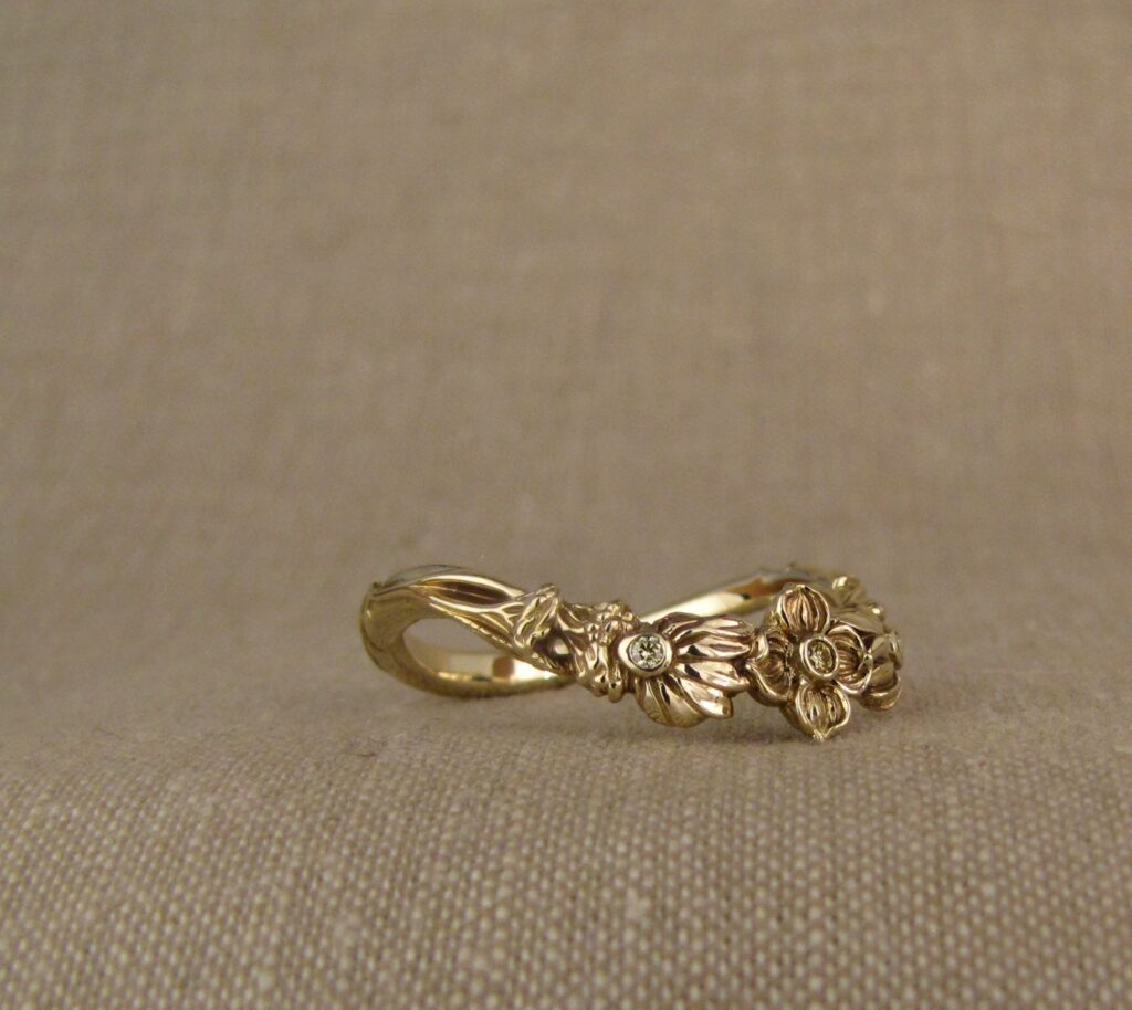 Custom carved dogwood, coneflowers curved band in 14K with yellow diamonds, Cheyenne Weil