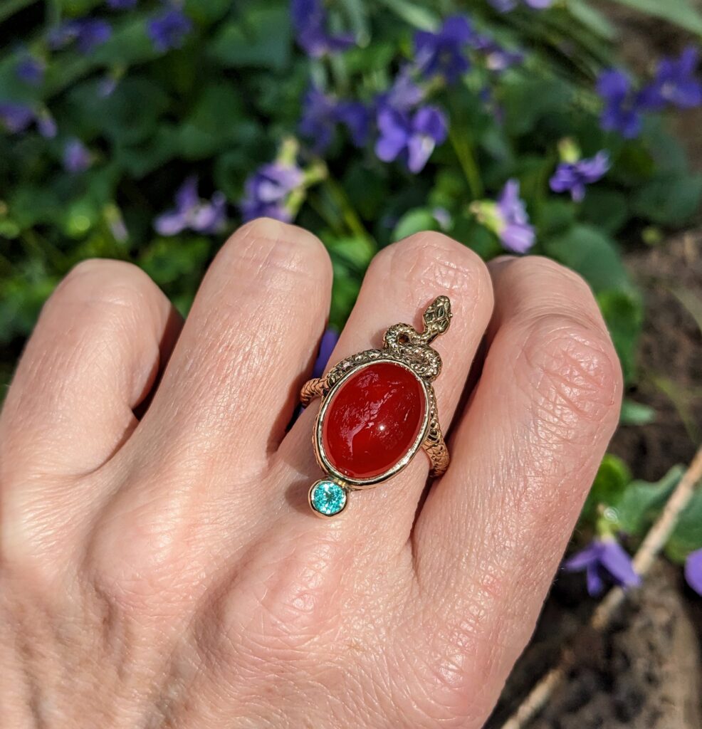 Epic snake cocktail ring, hand-carved, Carnelian and Paraiba tourmaline, 14K yellow gold, Cheyenne Weil