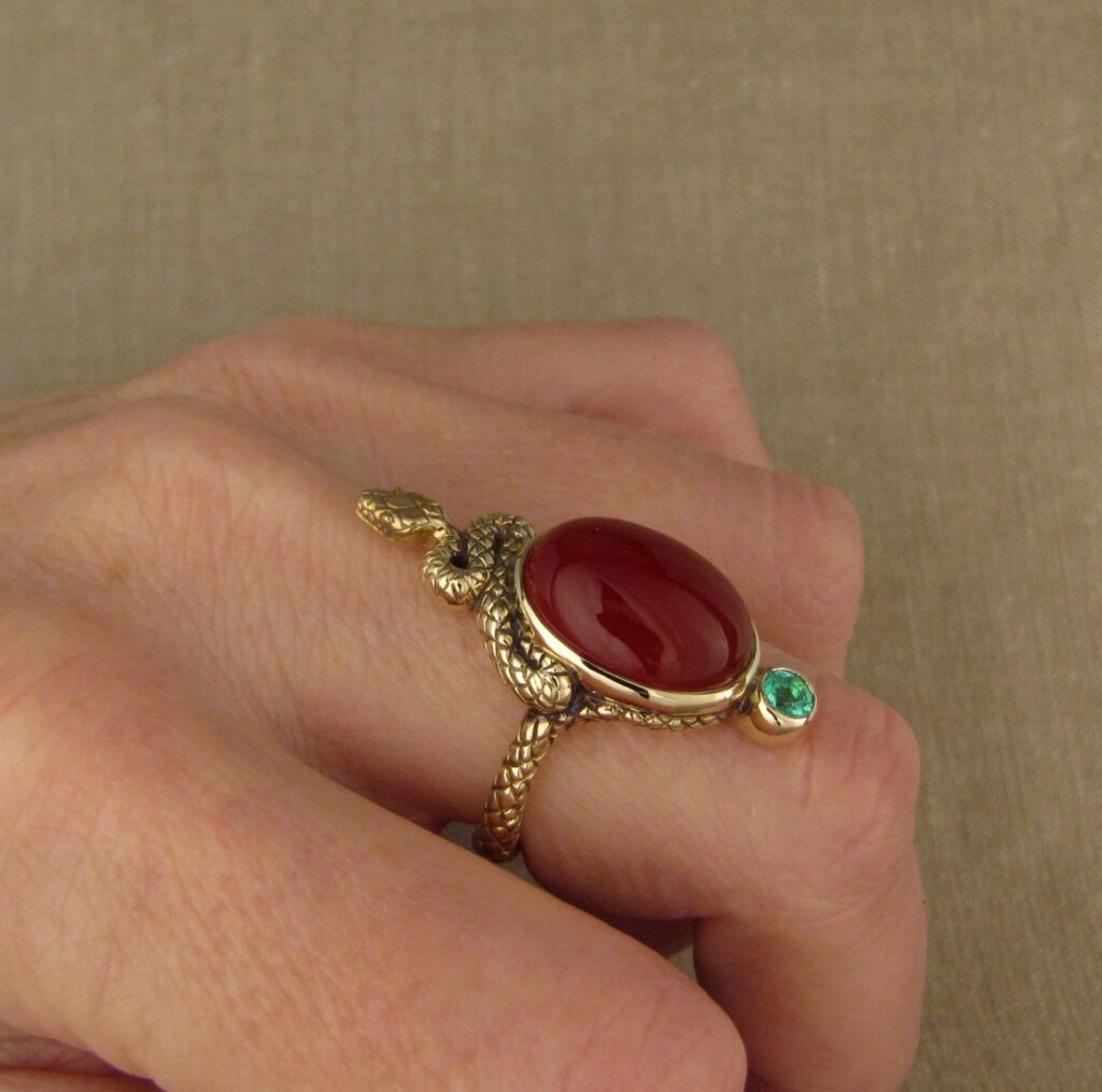 Epic snake cocktail ring, hand-carved, Carnelian and Paraiba tourmaline, 14K yellow gold, Cheyenne Weil