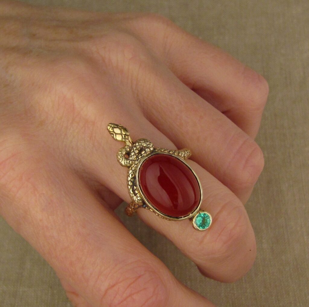Epic snake cocktail ring, hand-carved, Carnelian and Paraiba tourmaline, 14K yellow gold, Cheyenne Weil