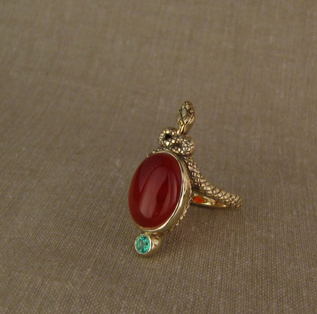 Epic snake cocktail ring, hand-carved, Carnelian and Paraiba tourmaline, 14K yellow gold, Cheyenne Weil