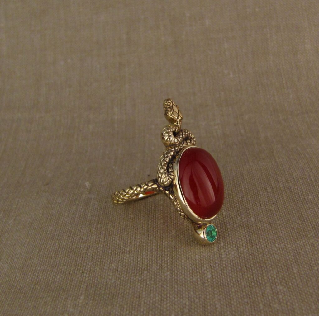 Epic snake cocktail ring, hand-carved, Carnelian and Paraiba tourmaline, 14K yellow gold, Cheyenne Weil