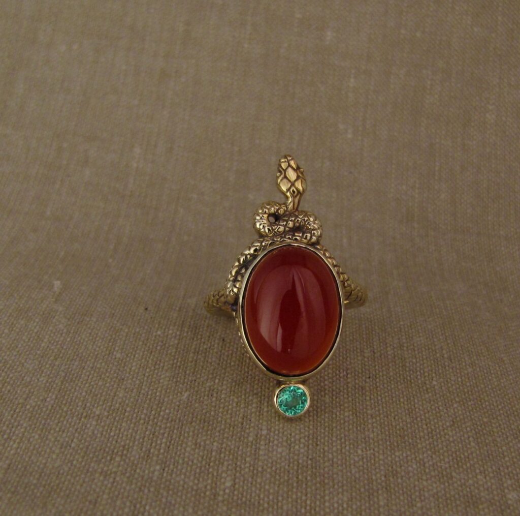 Epic snake cocktail ring, hand-carved, Carnelian and Paraiba tourmaline, 14K yellow gold, Cheyenne Weil