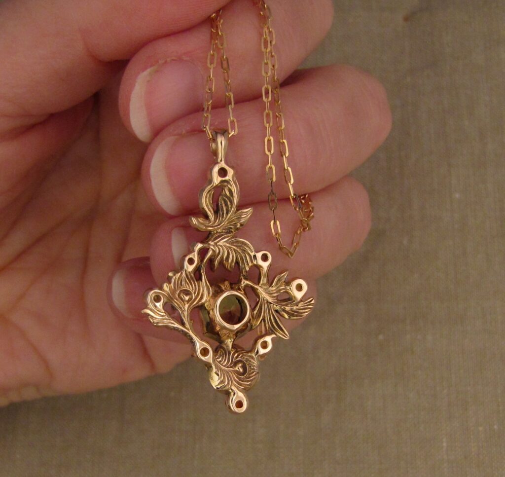 Custom hand-carved Maple leaves & Roses pendant with andradite, spessartite, tsavorite, Mali Garnets, 19K rose gold, cheyenne weil