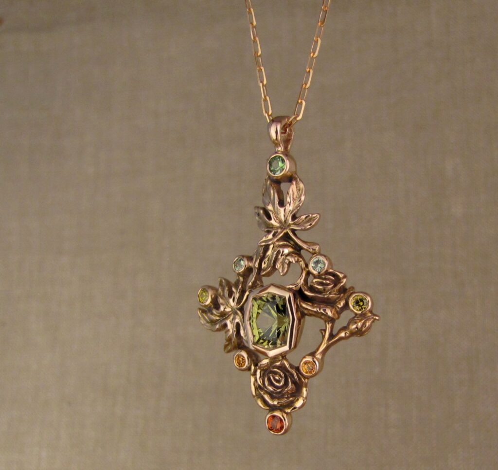 Custom hand-carved Maple leaves & Roses pendant with andradite, spessartite, tsavorite, Mali Garnets, 19K rose gold, cheyenne weil
