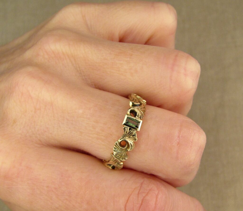 Ginkgo wedding band, green sapphire & 14K, Cheyenne Weil