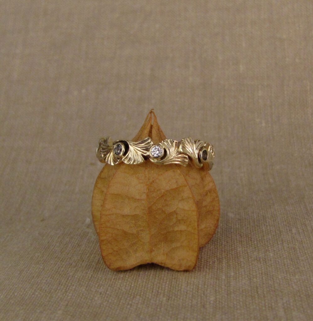 Ginkgo eternity band, silvery green sapphires & diamonds, 14K, Cheyenne Weil