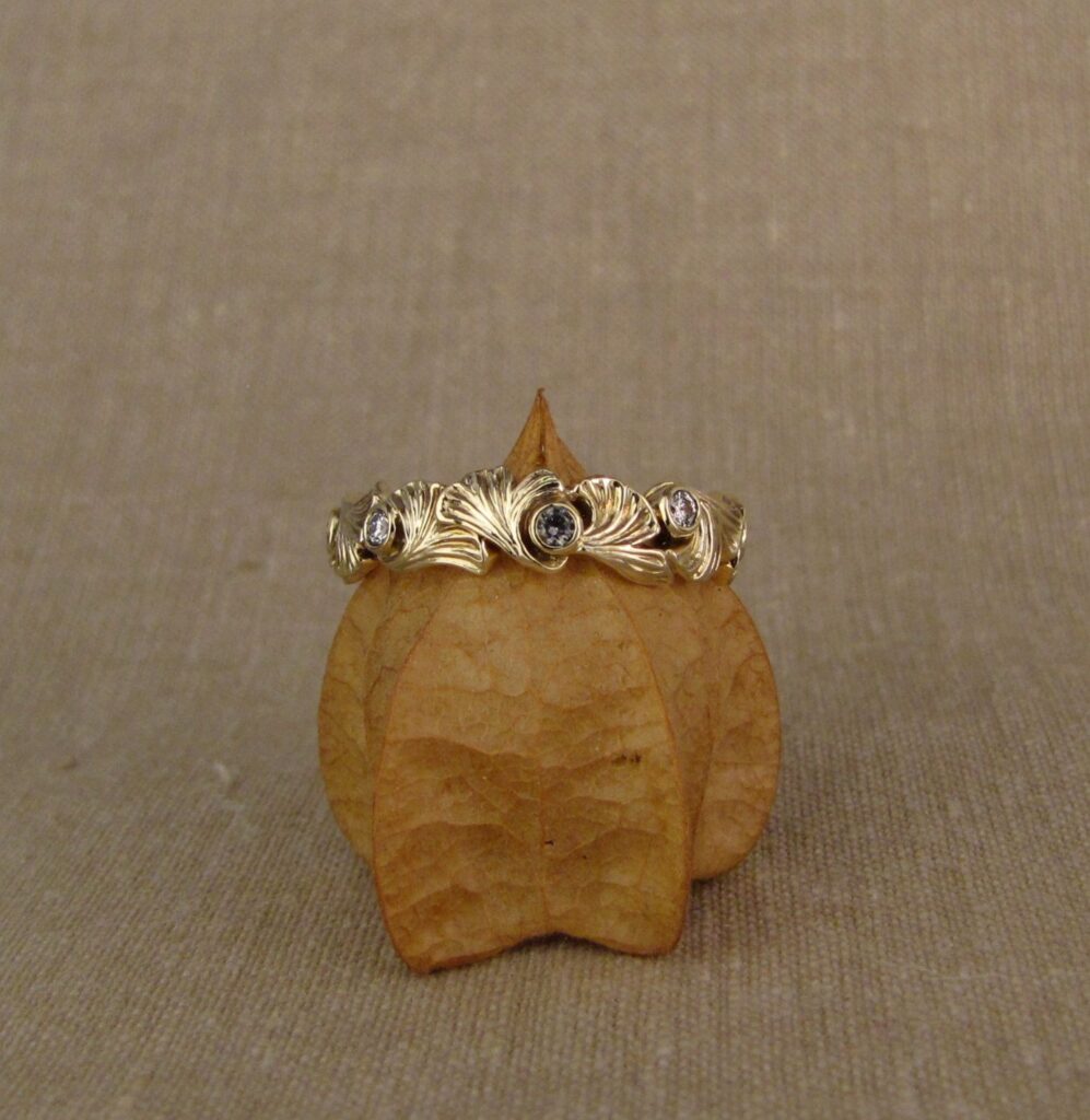 Ginkgo eternity band, silvery green sapphires & diamonds, 14K, Cheyenne Weil