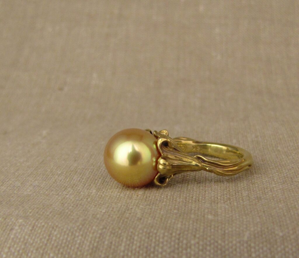 Custom designed Tiawan Lily Pearl Solitaire with Golden South Sea pearl, 18K yellow gold, Cheyenne Weil