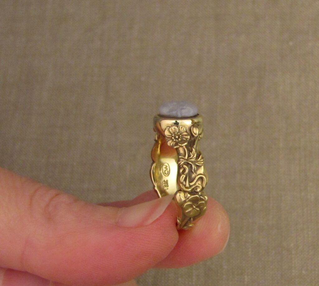 Memento Mori ring set with carved agate skull, bones, botanicals, bugs, 18K yellow gold. Cheyenne Weil