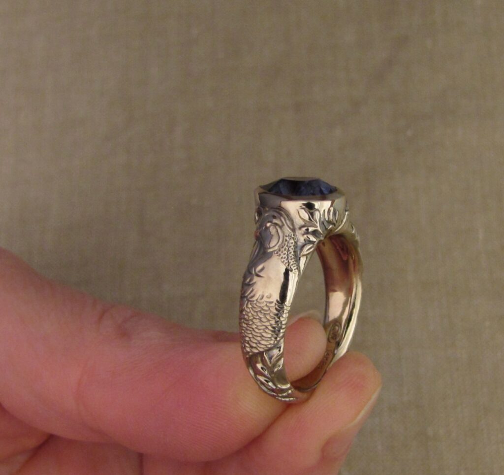 Custom carved Sapphire Solitaire with Quail and Cardinal motifs. Palladium white gold, Blue sapphire, Cheyenne Weil