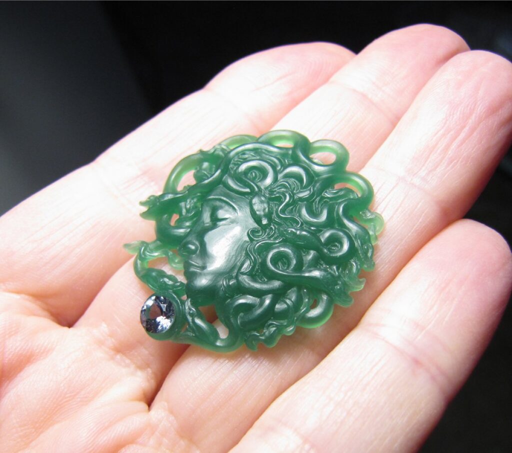 Hand-carved Medusa Pendant, wax in process, Cheyenne Weil