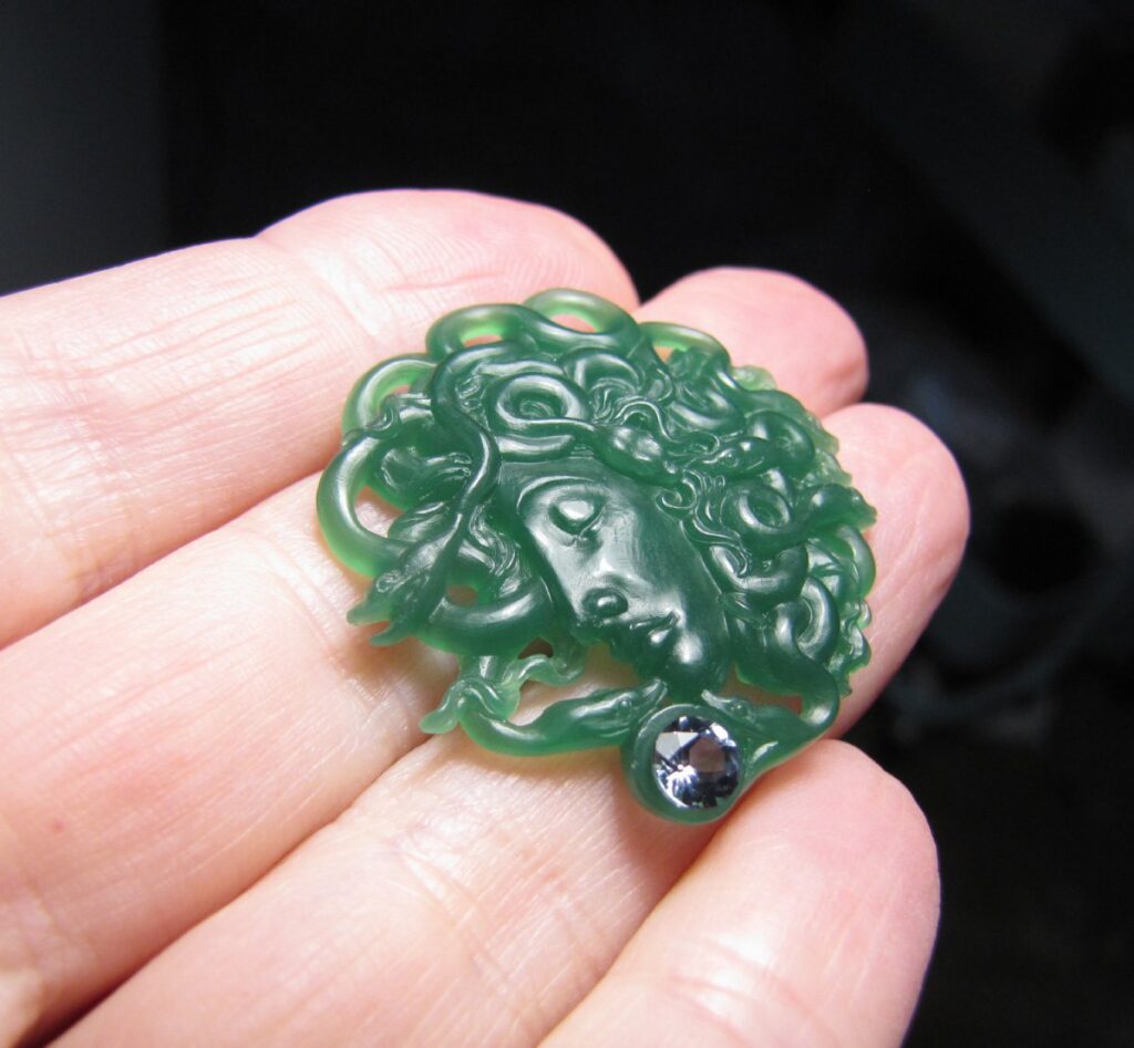 Hand-carved Medusa Pendant, wax in process, Cheyenne Weil