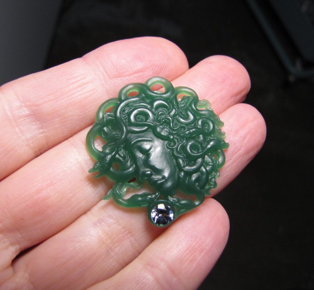 Hand-carved Medusa Pendant, wax in process, Cheyenne Weil