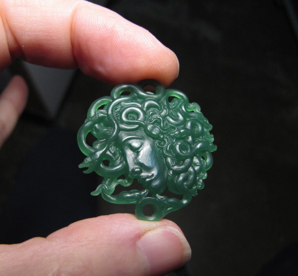 Hand-carved Medusa Pendant, wax in process, Cheyenne Weil
