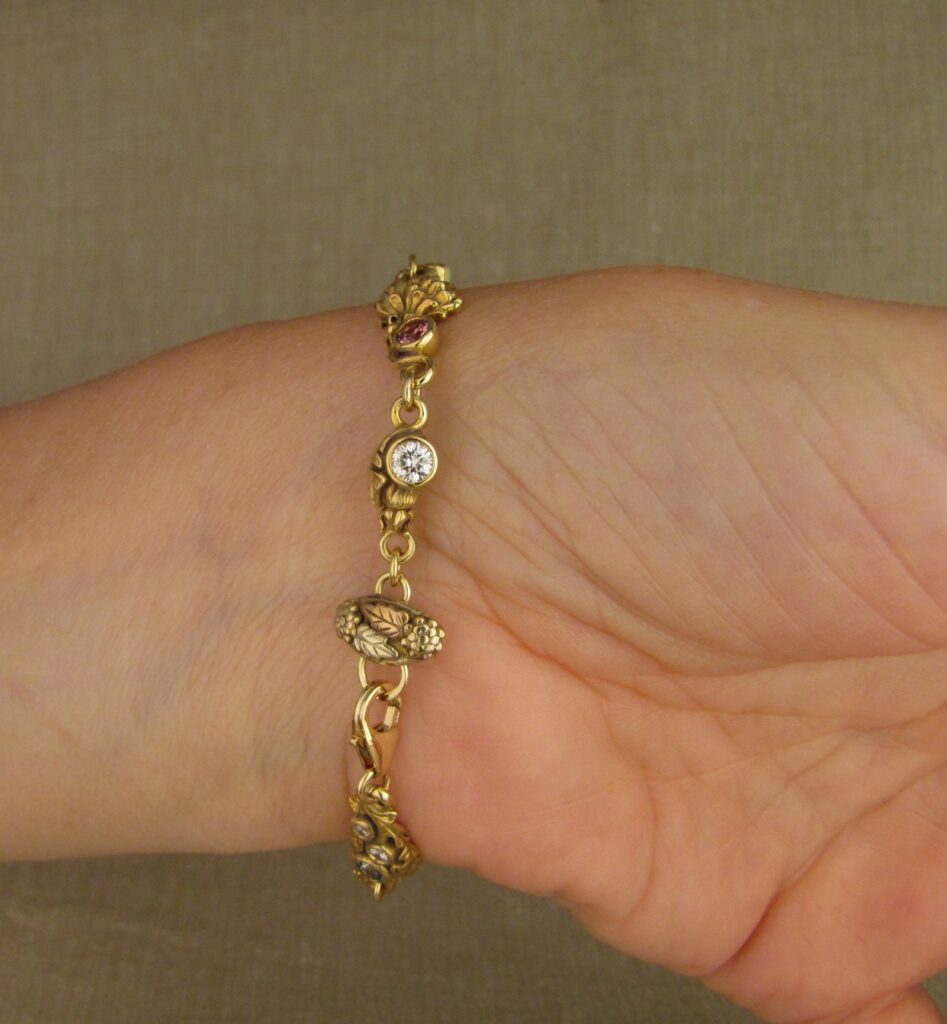 Custom carved Dandelions Bracelet with Montana Sapphires & Diamonds. 18K. Cheyenne Weil