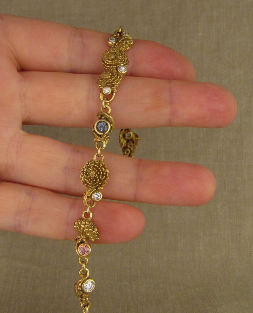 Custom carved Dandelions Bracelet with Montana Sapphires & Diamonds. 18K. Cheyenne Weil
