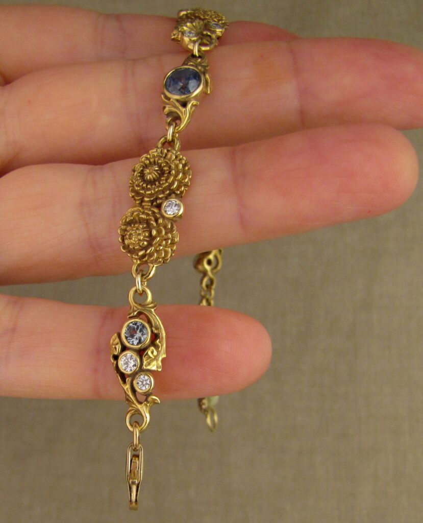 Custom carved Dandelions Bracelet with Montana Sapphires & Diamonds. 18K. Cheyenne Weil