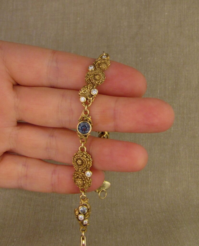 Custom carved Dandelions Bracelet with Montana Sapphires & Diamonds. 18K. Cheyenne Weil