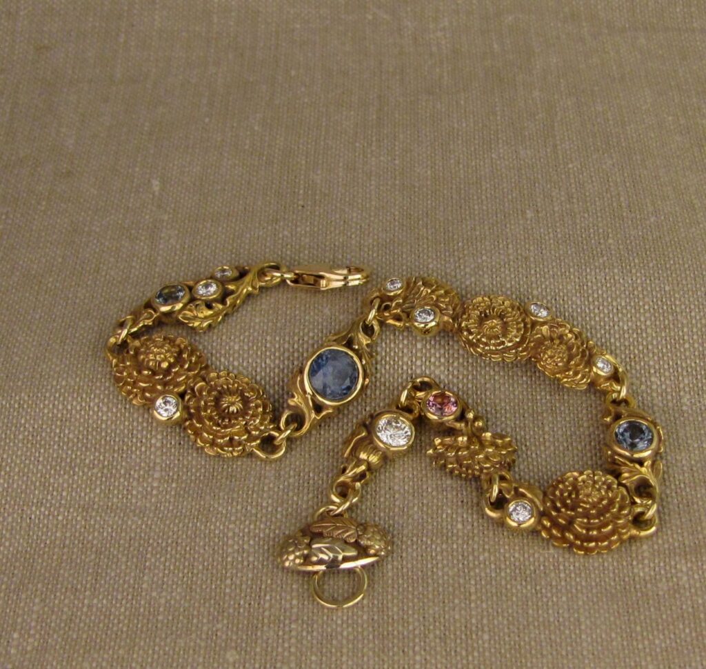 Custom carved Dandelions Bracelet with Montana Sapphires & Diamonds. 18K. Cheyenne Weil