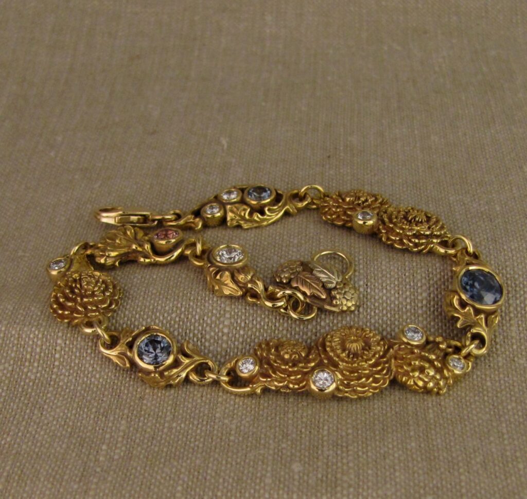 Custom carved Dandelions Bracelet with Montana Sapphires & Diamonds. 18K. Cheyenne Weil