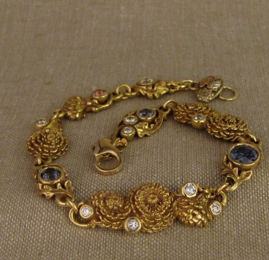 Custom carved Dandelions Bracelet with Montana Sapphires & Diamonds. 18K. Cheyenne Weil