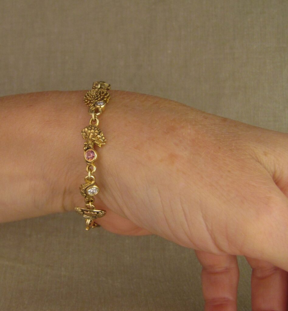 Custom carved Dandelions Bracelet with Montana Sapphires & Diamonds. 18K. Cheyenne Weil