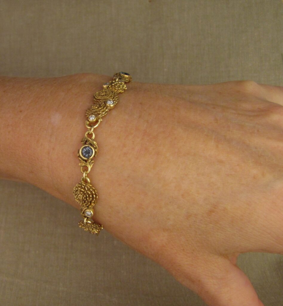 Custom carved Dandelions Bracelet with Montana Sapphires & Diamonds. 18K. Cheyenne Weil