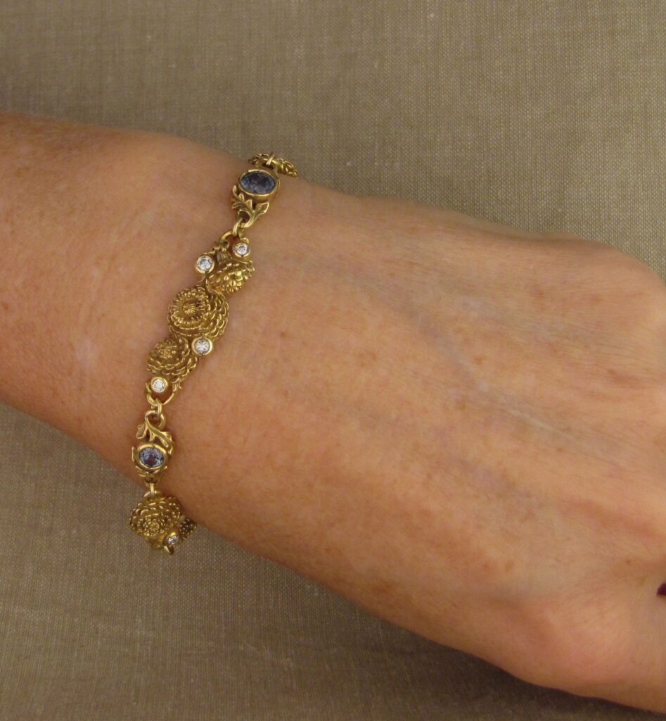 Custom carved Dandelions Bracelet with Montana Sapphires & Diamonds. 18K. Cheyenne Weil