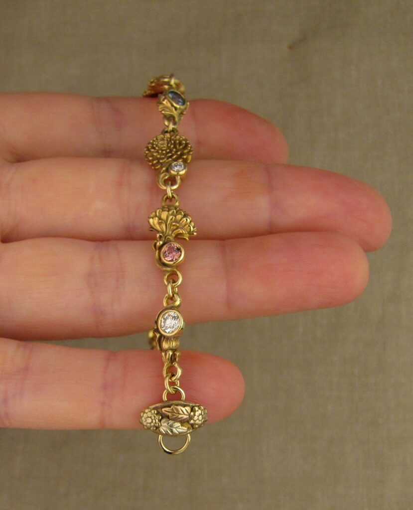 Custom carved Dandelions Bracelet with Montana Sapphires & Diamonds. 18K. Cheyenne Weil