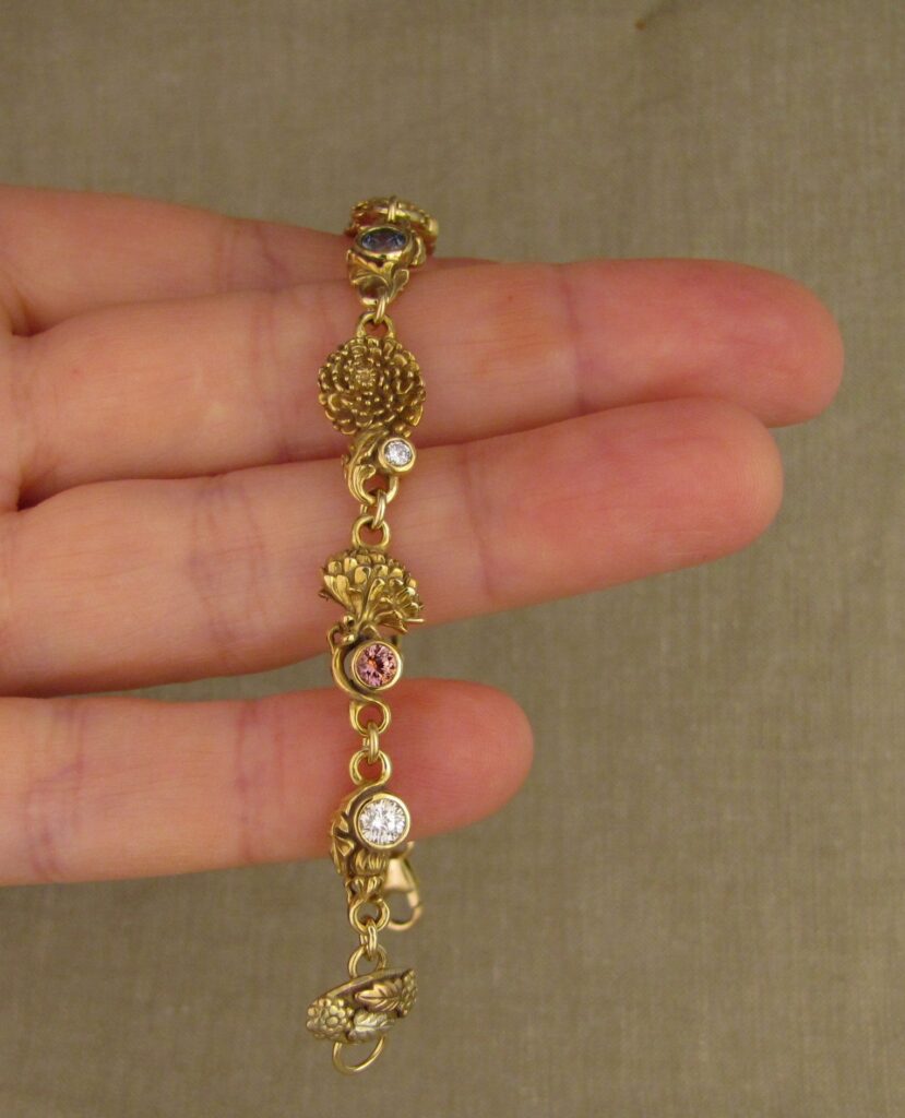 Custom carved Dandelions Bracelet with Montana Sapphires & Diamonds. 18K. Cheyenne Weil