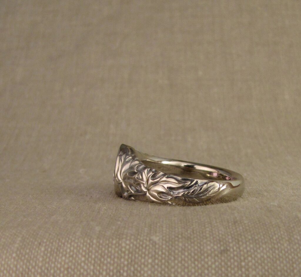 Custom designed Purple Sapphire pear solitaire, CA poppies and Sugar Maple leaves motif, 14K palladium white gold, cheyenne weil