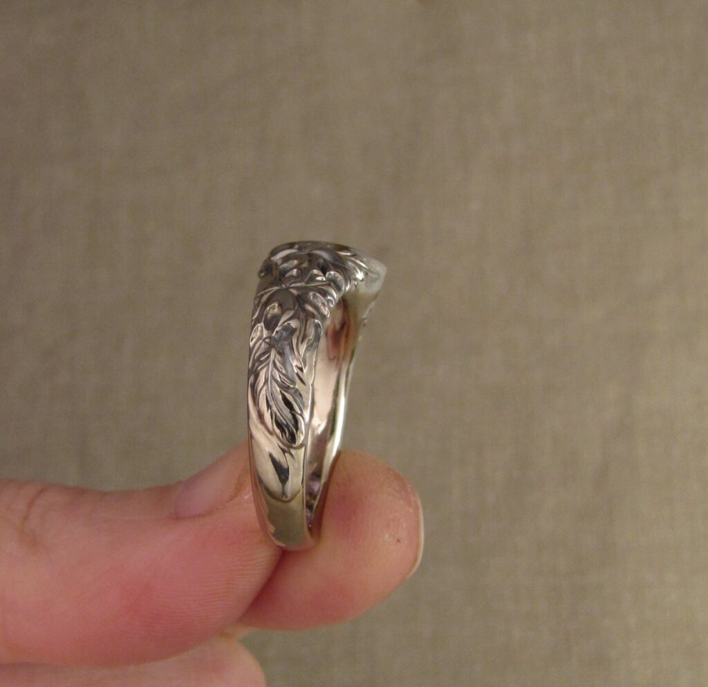 Custom designed Purple Sapphire pear solitaire, CA poppies and Sugar Maple leaves motif, 14K palladium white gold, cheyenne weil