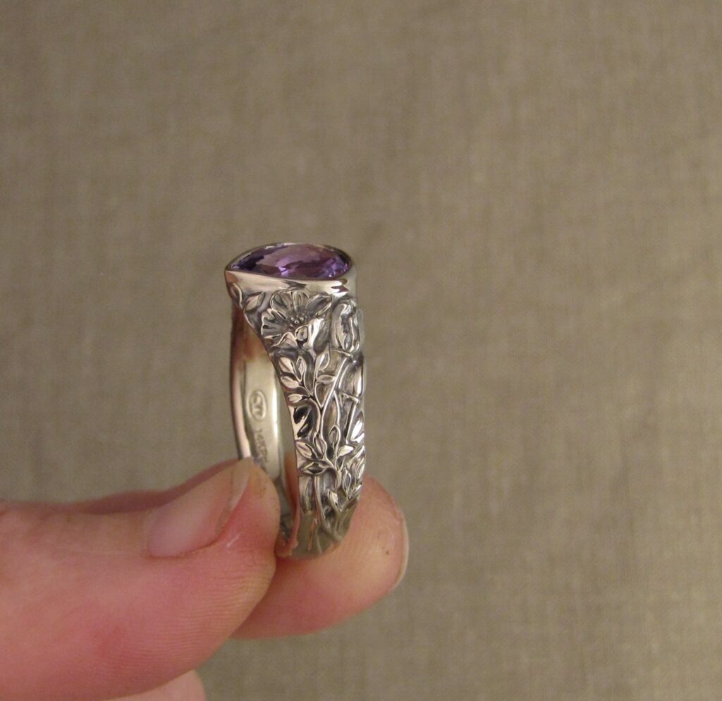 Custom designed Purple Sapphire pear solitaire, CA poppies and Sugar Maple leaves motif, 14K palladium white gold, cheyenne weil
