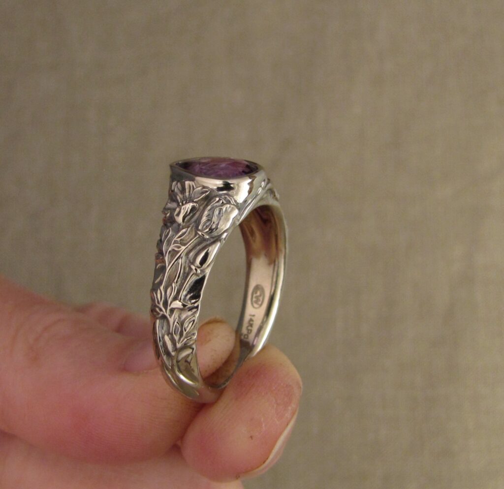 Custom designed Purple Sapphire pear solitaire, CA poppies and Sugar Maple leaves motif, 14K palladium white gold, cheyenne weil