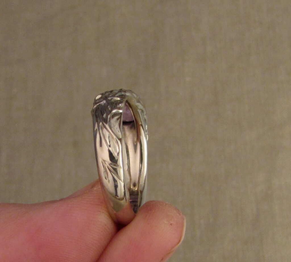 Custom designed Purple Sapphire pear solitaire, CA poppies and Sugar Maple leaves motif, 14K palladium white gold, cheyenne weil