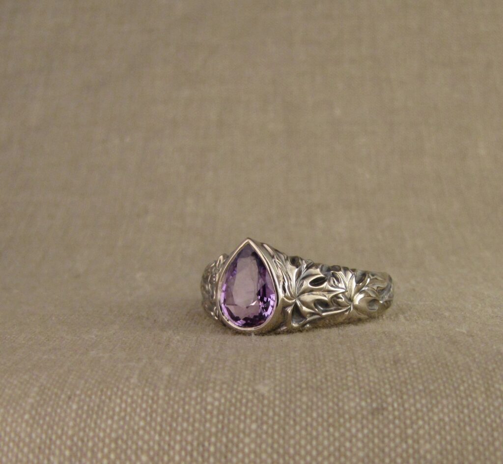 Custom designed Purple Sapphire pear solitaire, CA poppies and Sugar Maple leaves motif, 14K palladium white gold, cheyenne weil