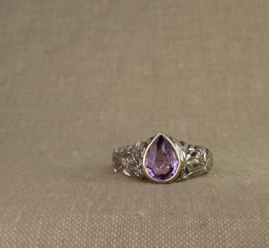 Custom designed Purple Sapphire pear solitaire, CA poppies and Sugar Maple leaves motif, 14K palladium white gold, cheyenne weil