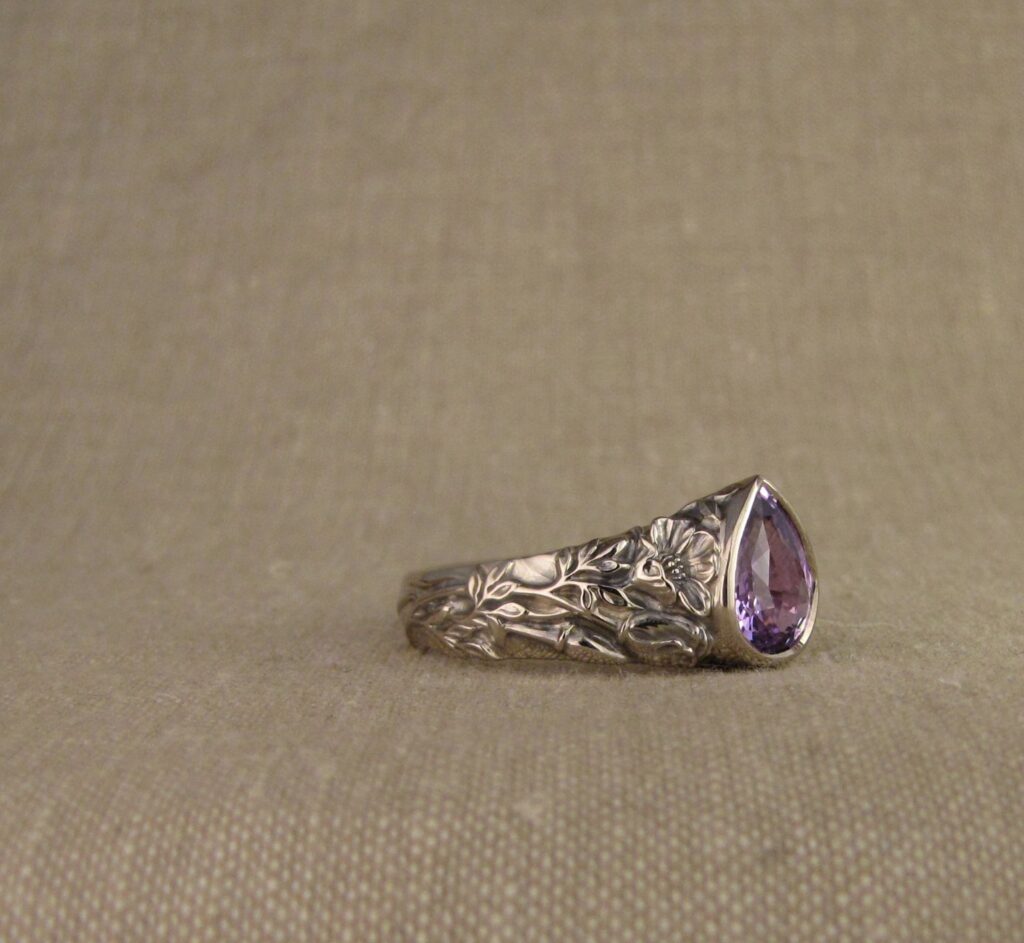 Custom designed Purple Sapphire pear solitaire, CA poppies and Sugar Maple leaves motif, 14K palladium white gold, cheyenne weil