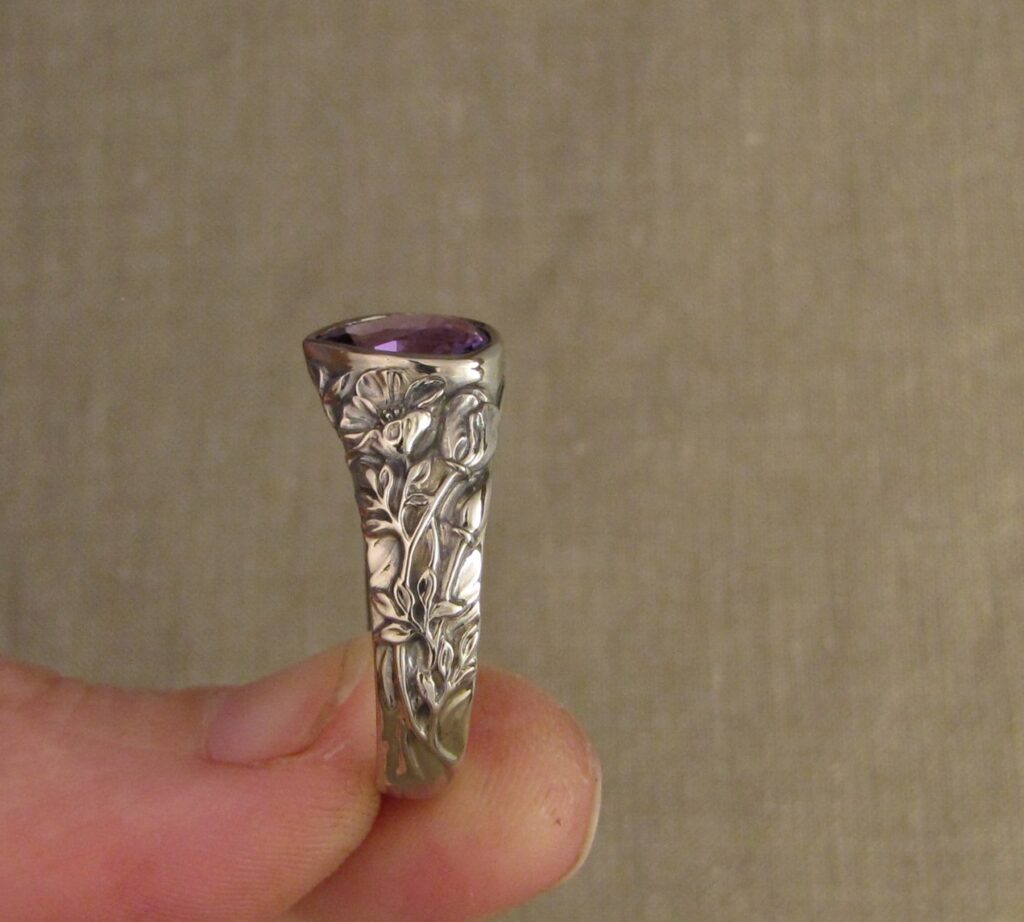 Custom designed Purple Sapphire pear solitaire, CA poppies and Sugar Maple leaves motif, 14K palladium white gold, cheyenne weil