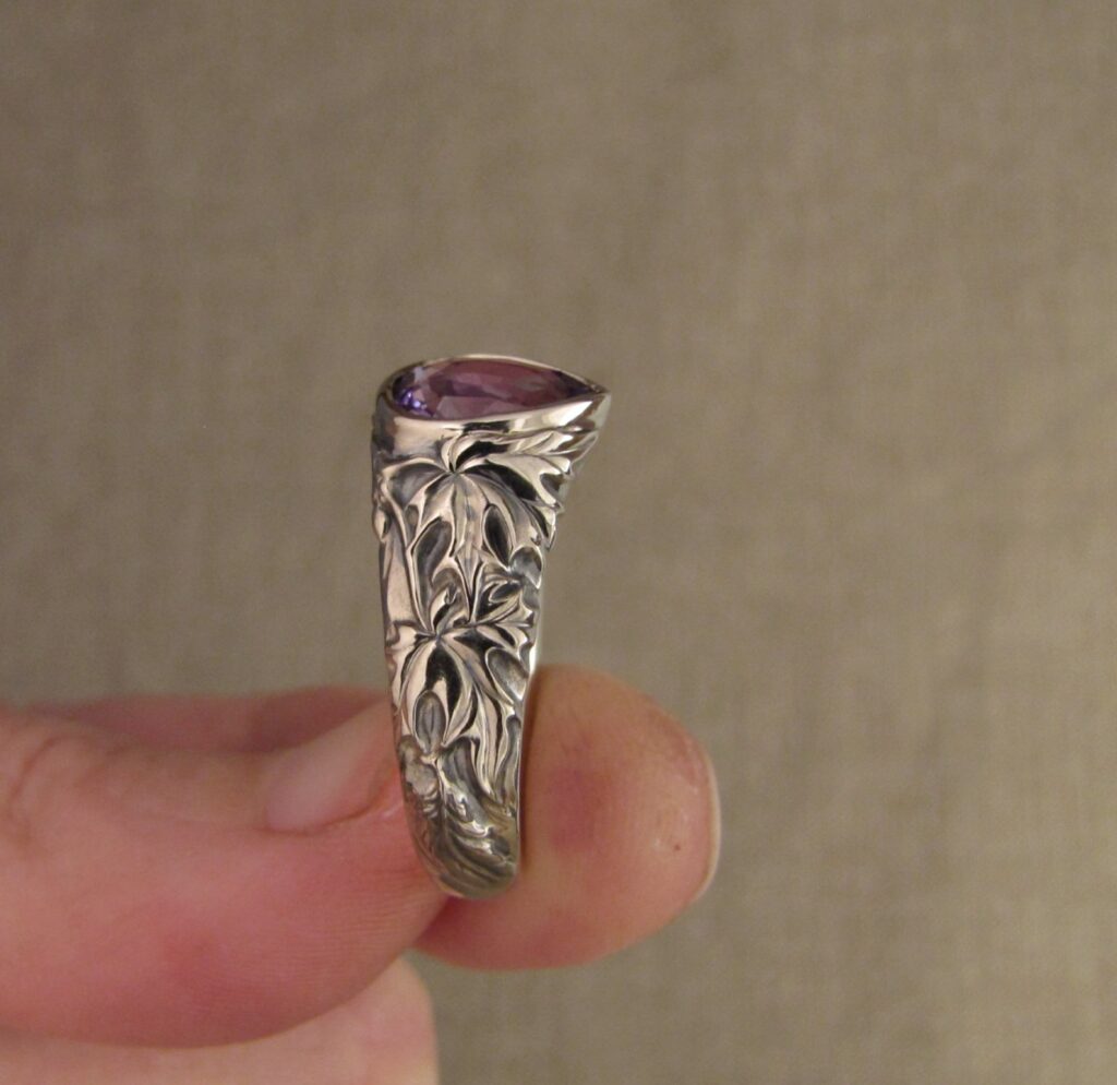 Custom designed Purple Sapphire pear solitaire, CA poppies and Sugar Maple leaves motif, 14K palladium white gold, cheyenne weil