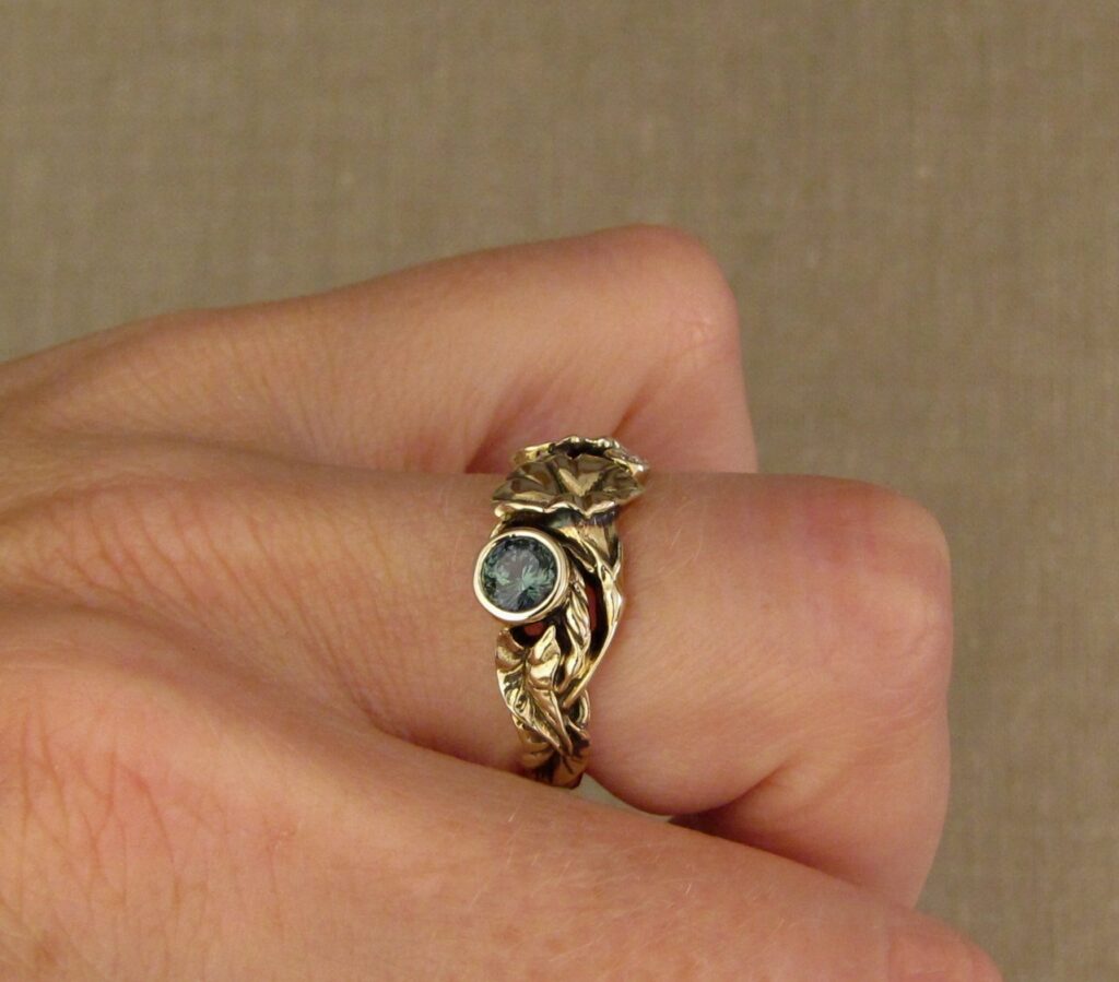 Morning Glory Ring with green sapphire and diamond, 14K yellow gold, Cheyenne Weil