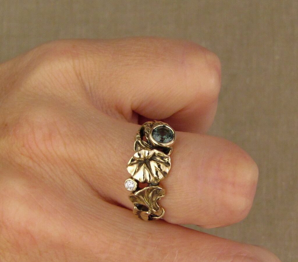 Morning Glory Ring with green sapphire and diamond, 14K yellow gold, Cheyenne Weil