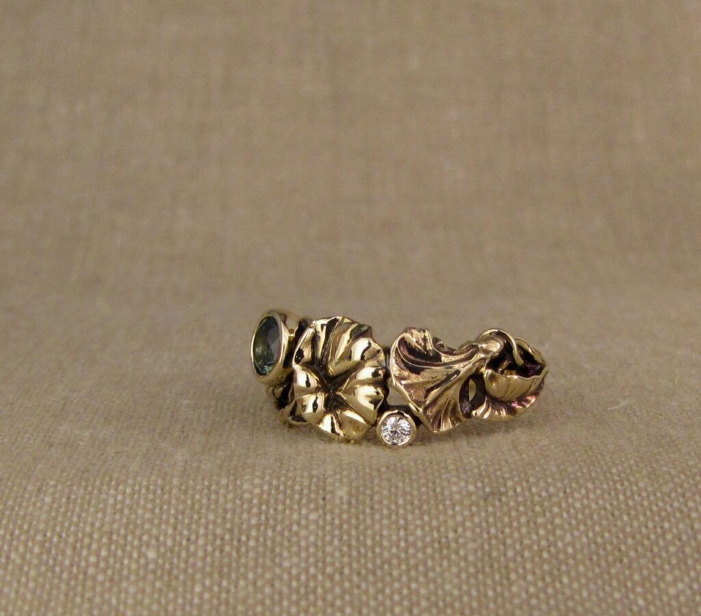 Morning Glory Ring with green sapphire and diamond, 14K yellow gold, Cheyenne Weil