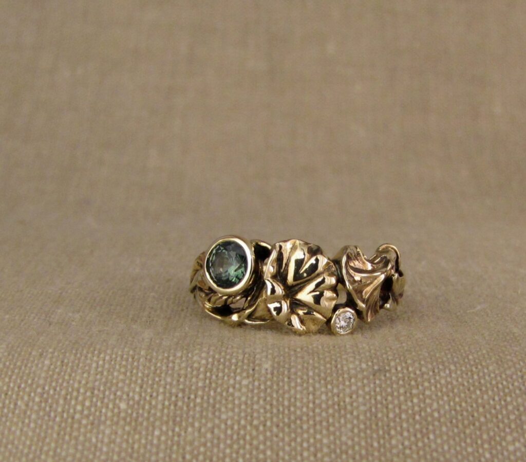 Morning Glory Ring with green sapphire and diamond, 14K yellow gold, Cheyenne Weil